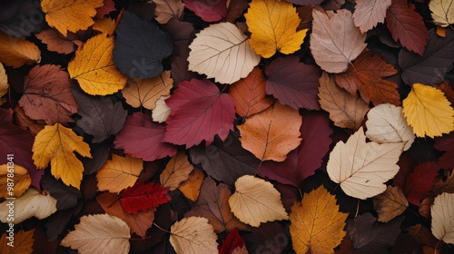 Colorful autumn leaves scattered on the forest floor during a bright fall day