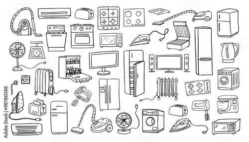 Large set of household appliances. TV, refrigerator, mixer, vacuum cleaner, iron, washing machine, dishwasher, heater, microwave, stove, air conditioning, electric kettle, grill. domestic appliance