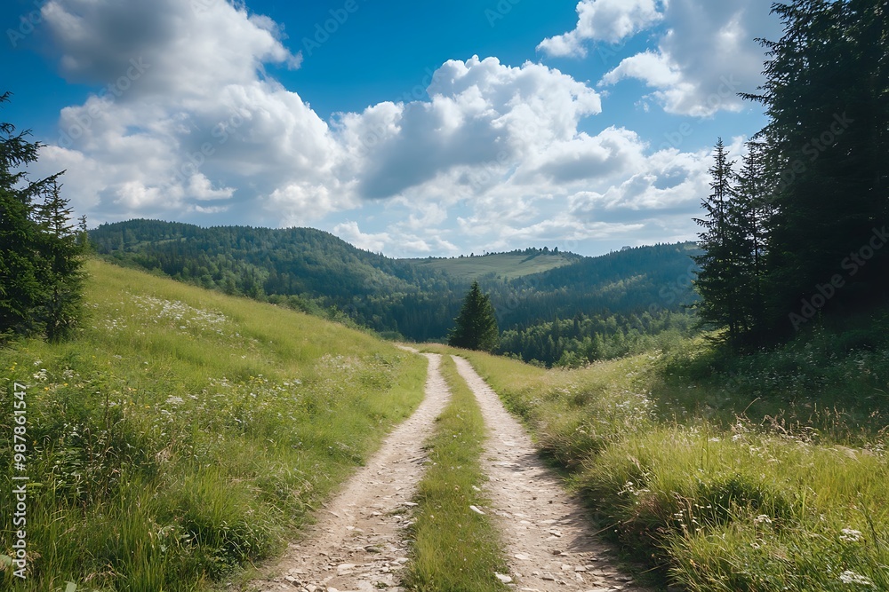 Dusty road through green grassy meadow leading to mountains with a blue sky and white fluffy clouds Dusty road through green grassy meadow leading to mountains with a blue sky and white fluffy clouds