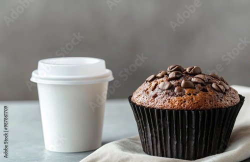 Coffee and chocolate chip muffin on a gray surface for a delightful morning s...