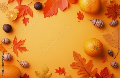 Fall foliage and fresh oranges arranged creatively on a vibrant orange backgr...