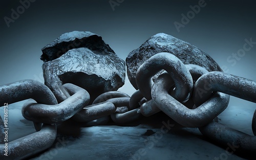 Two large rocks are bound together by a heavy metal chain, symbolizing restrictions or burdens. photo