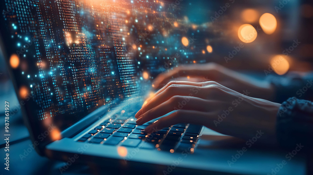 Hands typing code on a laptop, futuristic glowing screen.