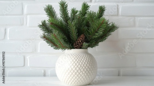 Elegant white vase with pine branches and a pine cone displayed on a minimali...