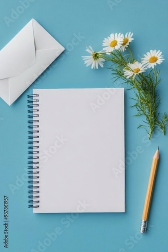 A blank notebook, pencil, flowers, and an envelope positioned on a blue backg...