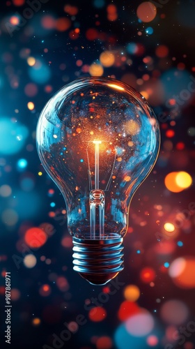 A glowing light bulb surrounded by colorful bokeh lights on a dark background...