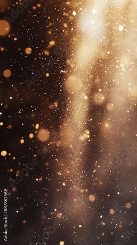 Golden particles dancing in the air against a dark background create a magica...