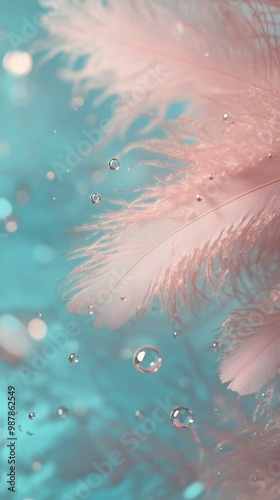 Soft pink feathers submerged in turquoise liquid with bubbles floating around
