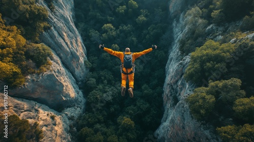 Man Base Jumping Off a Cliff into a Deep Forested Canyon photo