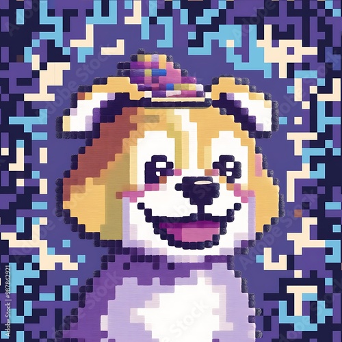 A dog rendered in soft pastel colors, set against a pixelated game screen background featuring small squares, reminiscent of retro video game graphics.