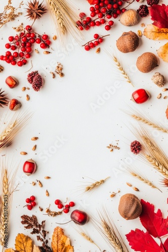 Vibrant autumn arrangement of berries, leaves, and grains on a white backgrou...