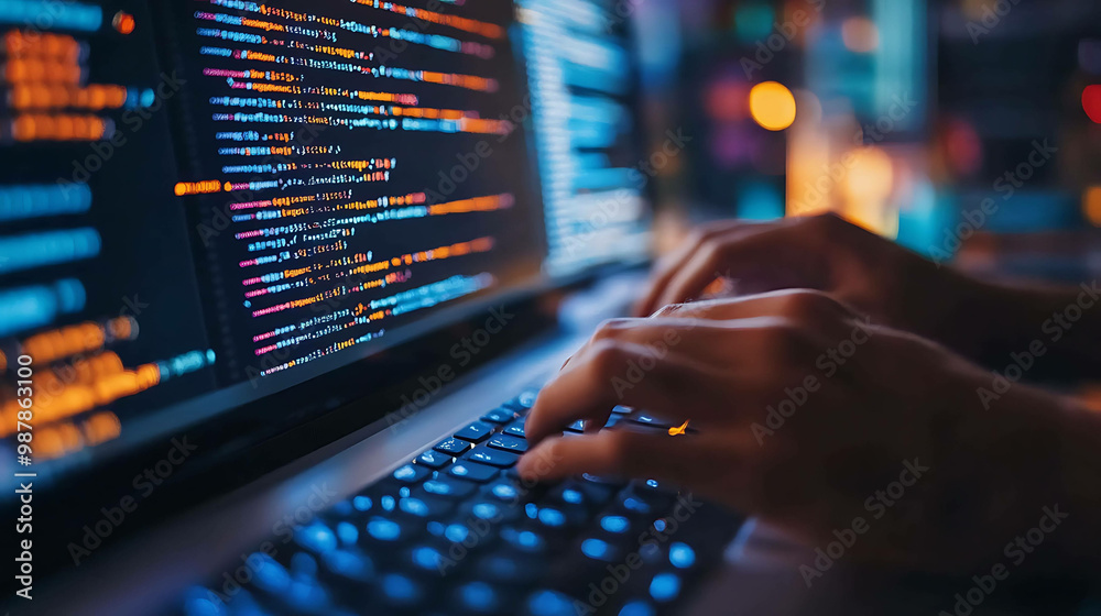 Hands typing code on a laptop. Hands typing code on a laptop.