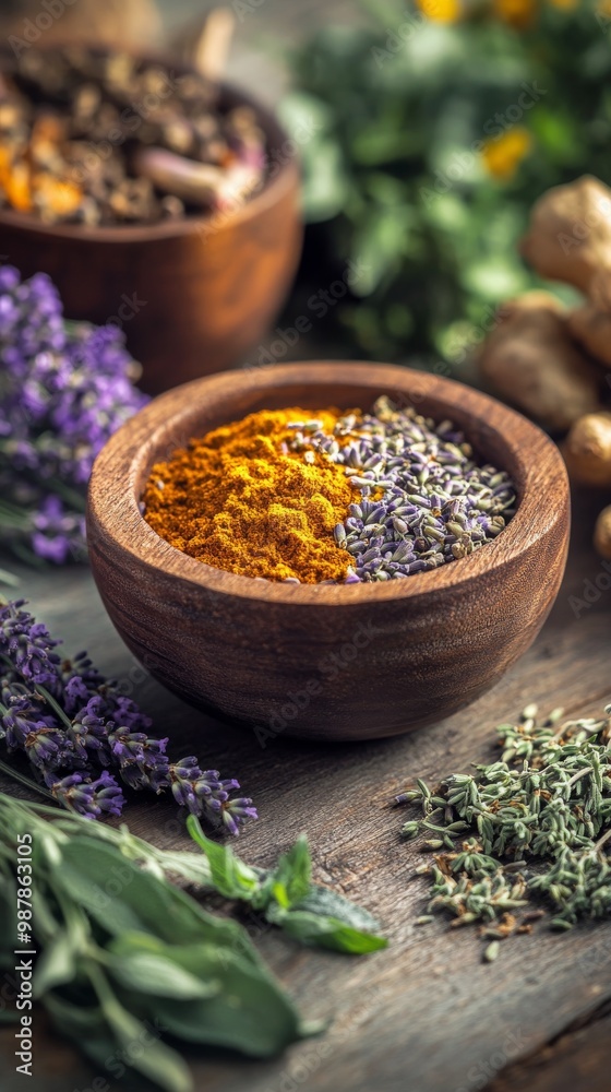 A rustic wooden bowl filled with vibrant turmeric and dried lavender on a wooden table A rustic wooden bowl filled with vibrant turmeric and dried lavender on a wooden table