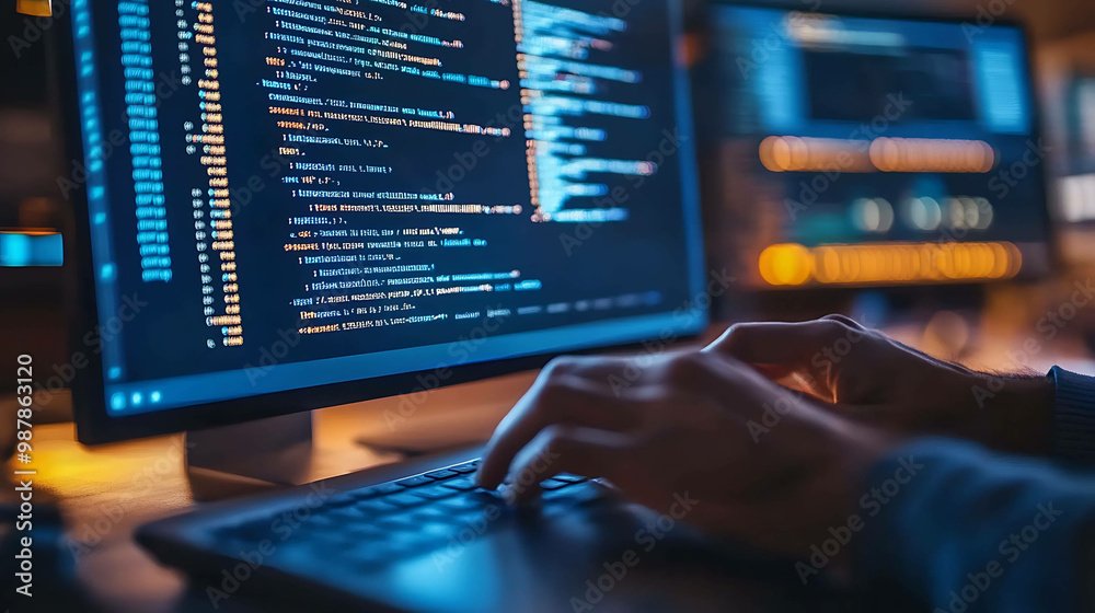 A programmer's hands typing code on a keyboard in front of a computer monitor. A programmer's hands typing code on a keyboard in front of a computer monitor.