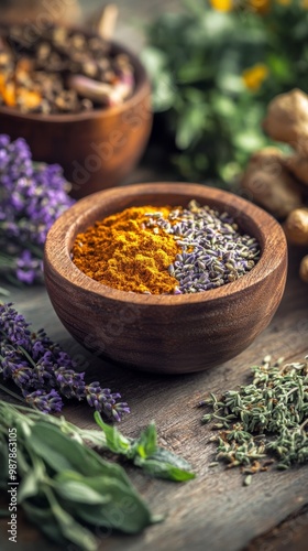A rustic wooden bowl filled with vibrant turmeric and dried lavender on a woo...