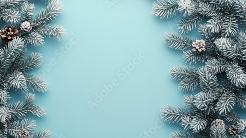 Frosted pine branches frame a serene blue background, perfect for winter and ...