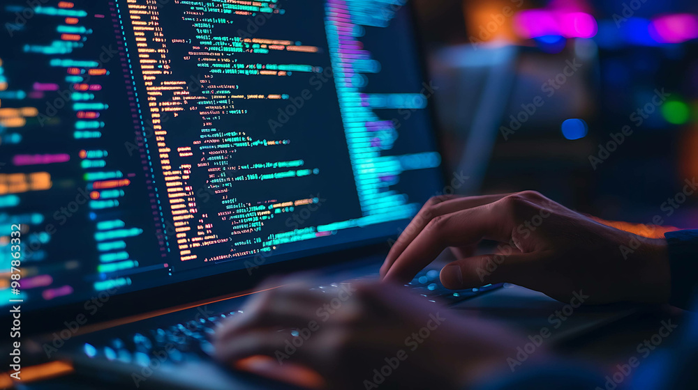 Close-up of a programmer's hands typing code on a laptop with a screen full of colorful code. Close-up of a programmer's hands typing code on a laptop with a screen full of colorful code.