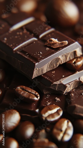 Indulgent dark chocolate surrounded by coffee beans on a wooden surface in th...