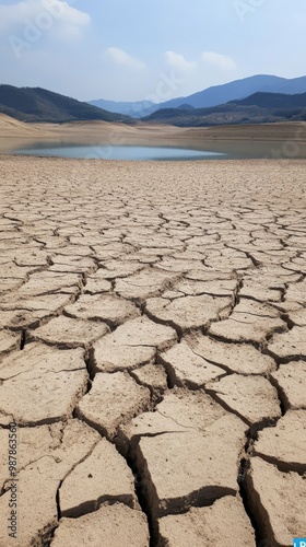 Dried cracked earth near a serene lake bordered by mountains on a cloudy day