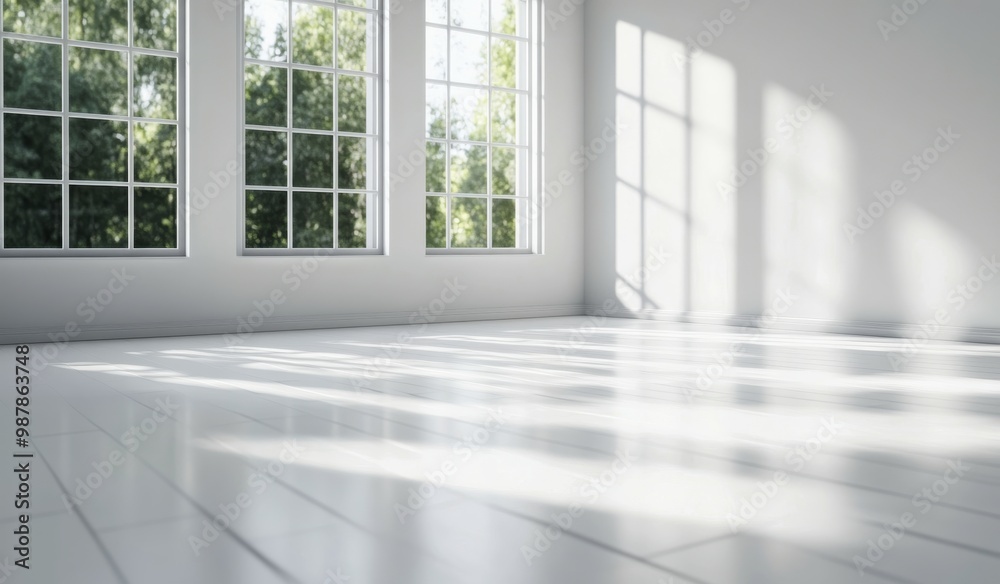Bright and airy room featuring a large window and indoor plant with soft sunlight streaming in Bright and airy room featuring a large window and indoor plant with soft sunlight streaming in