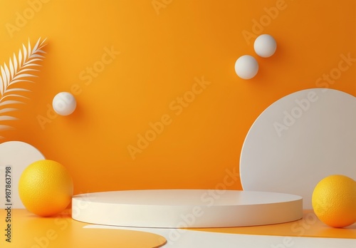Bright orange background with colorful geometric shapes and a circular displa...