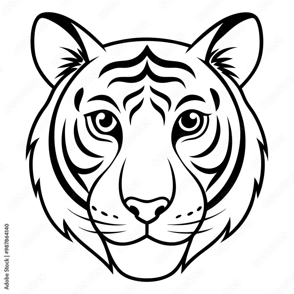 Tiger Face Line Art Emphasizing Piercing Eyes and Bold Stripes Tiger Face Line Art Emphasizing Piercing Eyes and Bold Stripes