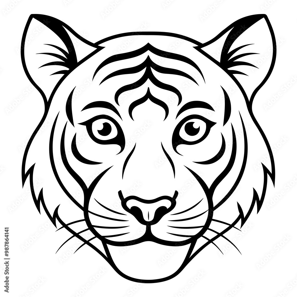 Tiger Face Line Art Emphasizing Piercing Eyes and Bold Stripes Tiger Face Line Art Emphasizing Piercing Eyes and Bold Stripes
