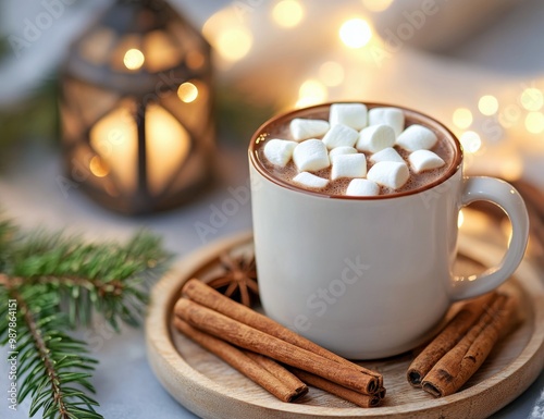 Cozy winter drink with marshmallows served near festive lights and pine decor...