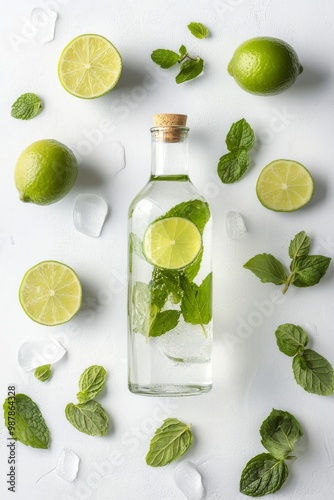 Refreshing water infused with mint and lime on a clean background with green ...