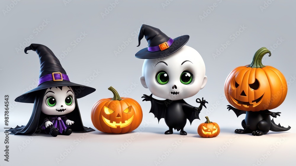 A playful Halloween scene featuring cute characters, pumpkins, and spooky elements. A playful Halloween scene featuring cute characters, pumpkins, and spooky elements.
