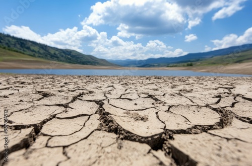 Dry landscape with cracked earth near a receding lake under a bright blue sky