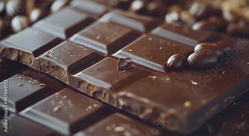 Delicious dark chocolate bars and cocoa beans captured on a wooden surface in...