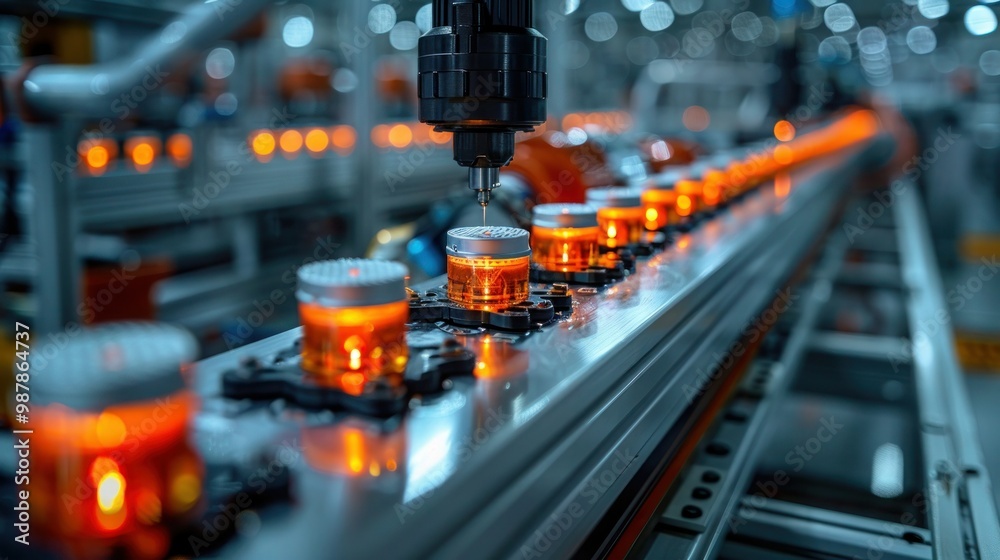 Electric Vehicle Battery Cell Assembly Line in Close-Up View for Mass Production Electric Vehicle Battery Cell Assembly Line in Close-Up View for Mass Production