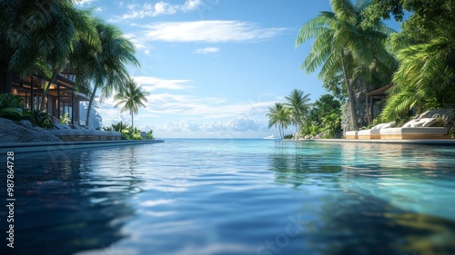 A luxury beach resort with cascading infinity pools flowing into the ocean, surrounded by palm trees, creating a serene and tropical environment.
