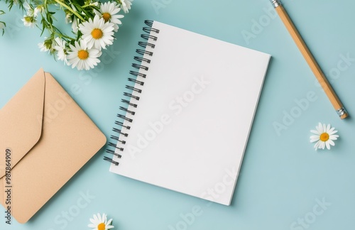 Writing ideas on a blank notepad with a pencil and daisy next to an envelope ...