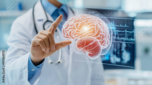 Doctor checking and pointing to the brain on virtual interface to diagnose and treatment in brain disease, innovation and technology in healthcare and digital future of medicine.