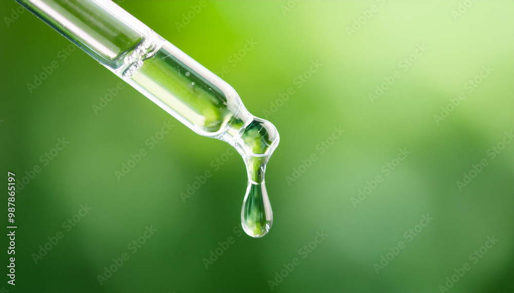 Oil droplets falling from glass pipette, green backdrop. Moisturizing serum. Cosmetic product. Oil droplets falling from glass pipette, green backdrop. Moisturizing serum. Cosmetic product.