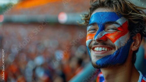 Dutchwoman Fanatic with Face Painted in National Colors Cheering at Sports Event with Blurry Stadium Background and Copy Space photo