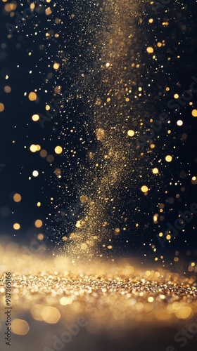 Golden particles dancing in the air against a dark background create a magica...