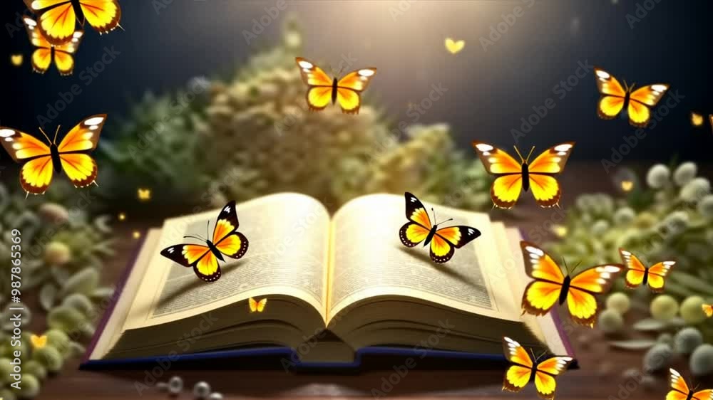 Open book with yellow butterflies on dark background. Story coming alive: nature coming out of an old yellowish book, banner for Library Week, world book day, reading month.