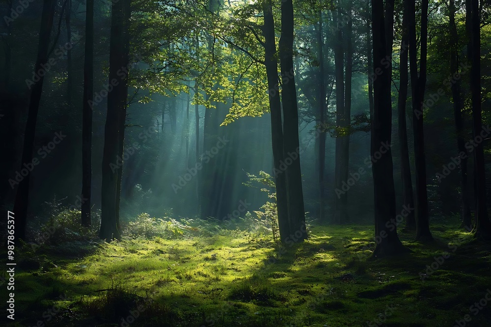 Obraz premium Sun rays shining through the trees in a misty forest, creating a magical atmosphere