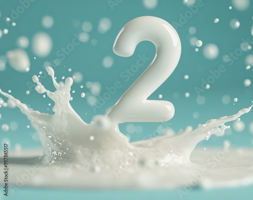 Splash of milk with the number two against a bright blue background