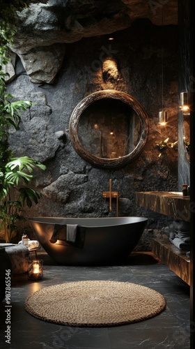 Stylish modern bathroom featuring a round mirror and elegant black bathtub wi...