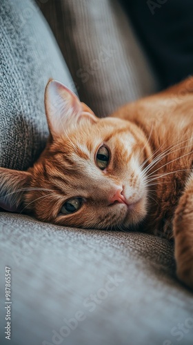 Cozy orange cat napping peacefully on a textured gray couch in a warm, inviti...