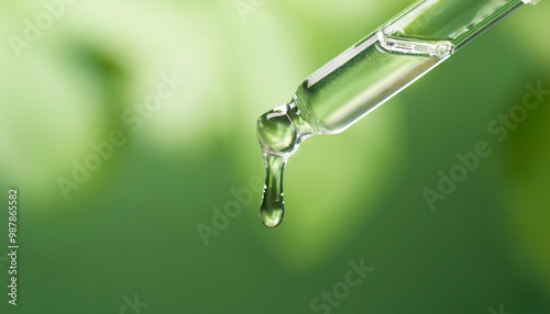 Oil droplets falling from glass pipette, green backdrop. Moisturizing serum. Cosmetic product. photo