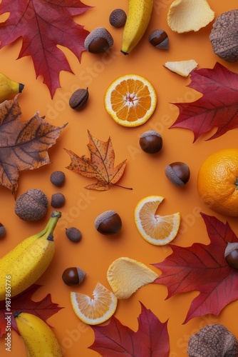 Vibrant fall flat lay featuring oranges, bananas, and colorful autumn leaves ...