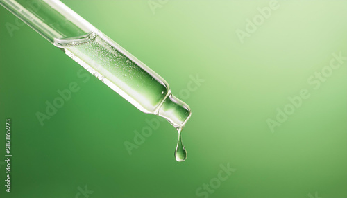 Oil droplets falling from glass pipette, green backdrop. Moisturizing serum. Cosmetic product. photo