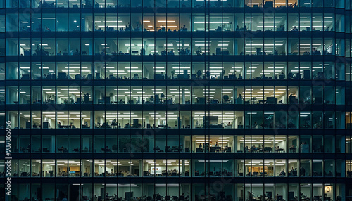 Aerial view of a modern office building at night, showcasing glowing lights and bustling activity.