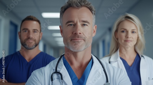 Group of diverse doctors standing confidently in a hospital hallway, symbolizing teamwork, healthcare professionals, and medical expertise