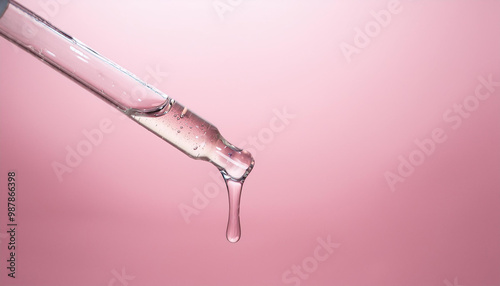 Oil droplets falling from glass pipette, light pink backdrop. Moisturizing serum. Cosmetic product. photo